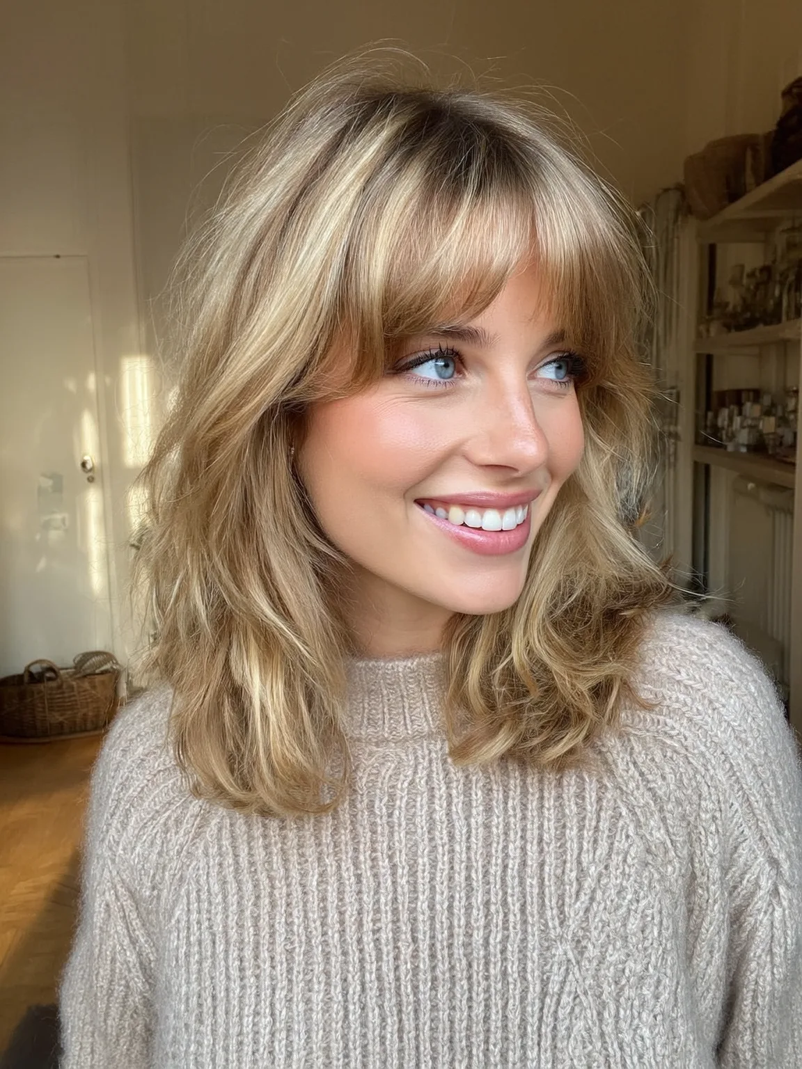 Choppy Honey Blonde Layers with Curtain Bangs